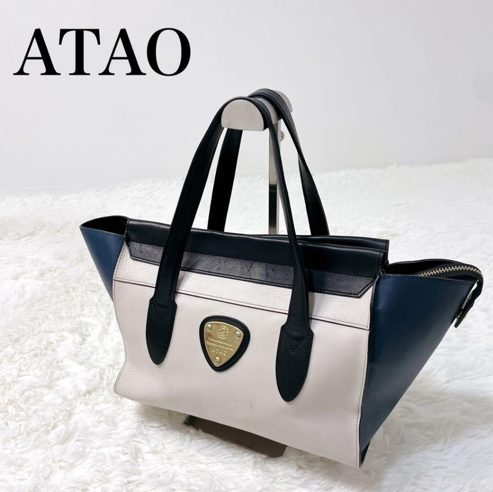 🇯🇵ATAO Piccola Leather Colorblock Handbag  Tote💙🤍🖤